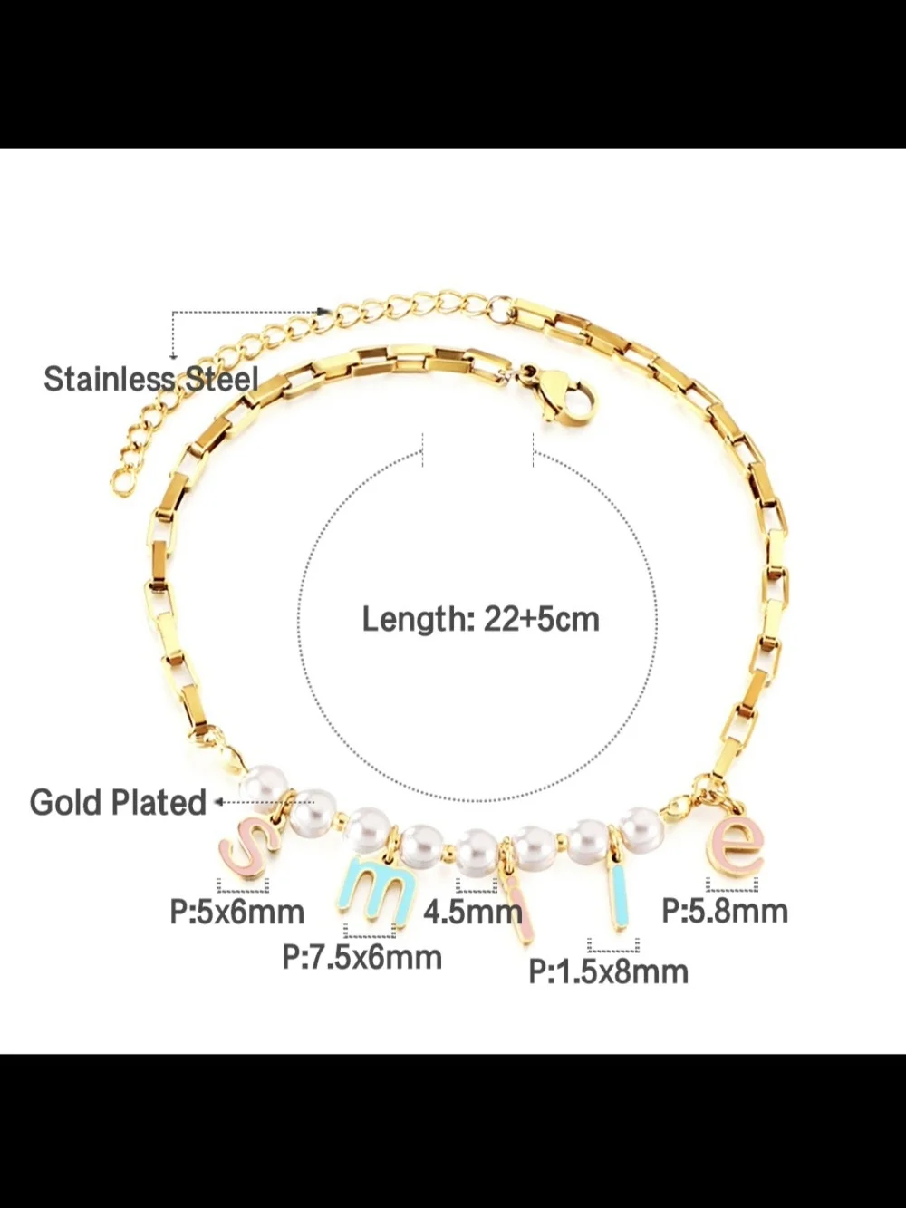 Gold Smiley Letter Charm Anklet with Pearls - Unbranded